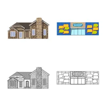 Vector illustration of building and front logo. Set of building and roof stock Ilustración de archivo