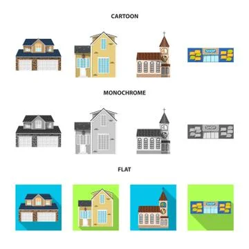 Vector illustration of building and front sign. Collection of building and roof Ilustración de archivo