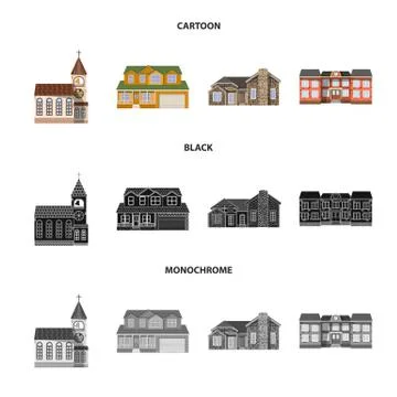 Vector illustration of building and front symbol. Set of building and roof Ilustración de archivo