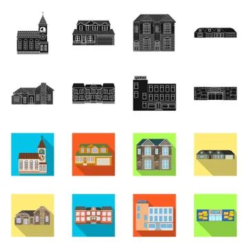Vector illustration of building and front sign. Collection of building and roof Ilustración de archivo