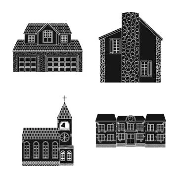 Vector illustration of building and front sign. Set of building and roof stock Ilustración de archivo