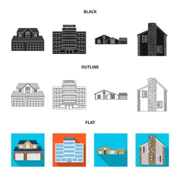 Vector illustration of building and front symbol. Set of building and roof stock Ilustración de archivo