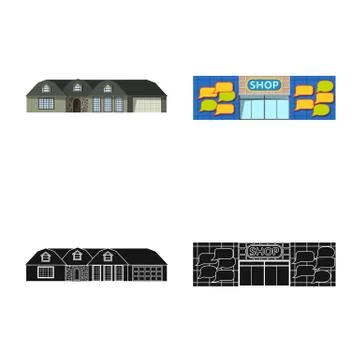 Vector illustration of building and front sign. Set of building and roof stock Ilustración de archivo