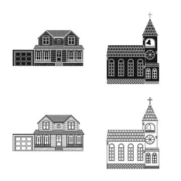 Vector illustration of building and front logo. Collection of building and roof Ilustración de archivo