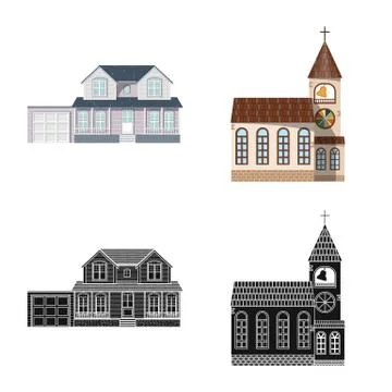 Vector illustration of building and front sign. Collection of building and roof Ilustración de archivo