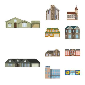 Vector illustration of building and front sign. Collection of building and roof Ilustración de archivo