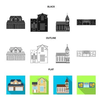 Vector illustration of building and front sign. Collection of building and roof Ilustración de archivo
