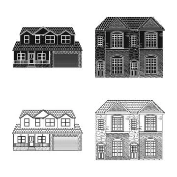 Vector illustration of building and front sign. Set of building and roof vector Ilustración de archivo