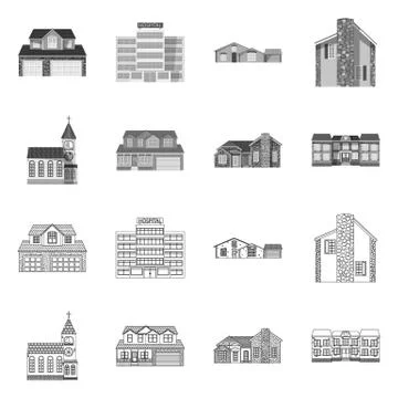 Vector illustration of building and front icon. Set of building and roof stock Ilustración de archivo