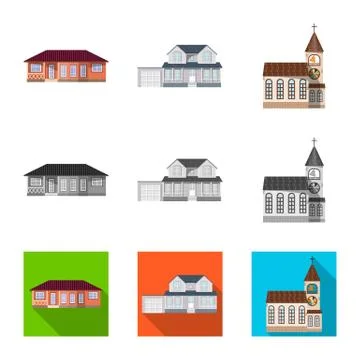 Vector illustration of building and front icon. Set of building and roof stock Ilustración de archivo