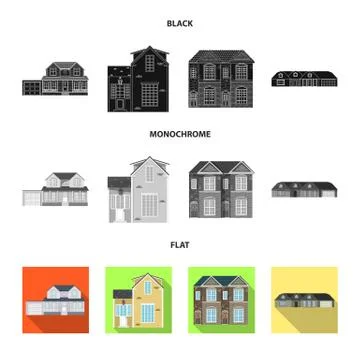 Vector illustration of building and front icon. Set of building and roof stock Ilustración de archivo