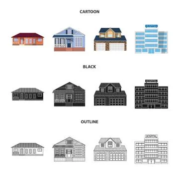 Vector illustration of building and front icon. Set of building and roof stock Ilustración de archivo