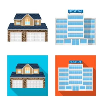 Vector illustration of building and front symbol. Set of building and roof stock Ilustración de archivo