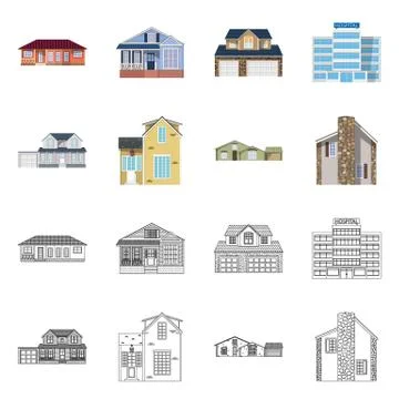 Vector illustration of building and front symbol. Set of building and roof Ilustración de archivo
