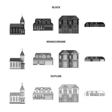 Vector illustration of building and front sign. Set of building and roof stock Ilustración de archivo