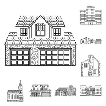Vector illustration of building and front icon. Set of building and roof stock Ilustración de archivo
