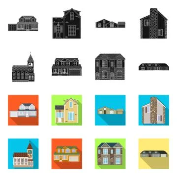 Vector illustration of building and front icon. Set of building and roof stock Ilustración de archivo