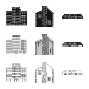 Vector illustration of building and front sign. Set of building and roof vector Ilustración de archivo