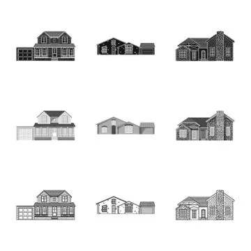 Vector illustration of building and front logo. Collection of building and roof Ilustración de archivo