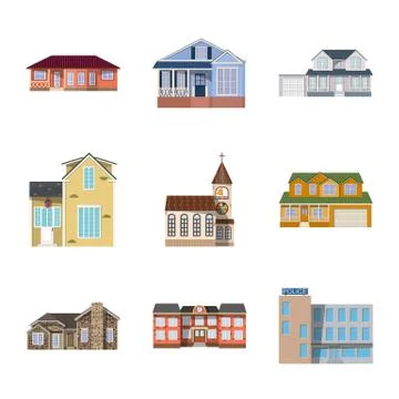 Vector illustration of building and front sign. Set of building and roof stock Ilustración de archivo
