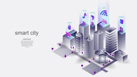 Vector illustration of a building with elements of a smart city. Science Illustrazione stock