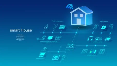 Vector illustration of a building with elements of a smart home system. Science Stock Illustration