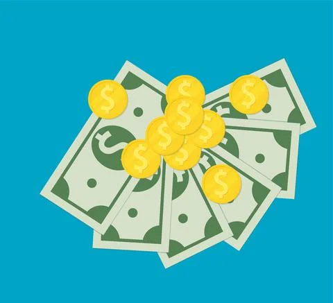 Vector illustration. Bundle of dollars and coins. Stock Illustration