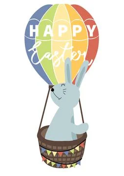 Vector illustration of bunny on a balloon . Happy Easter greetings text. Design Stock Illustration