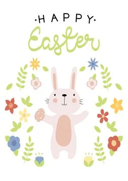 Vector illustration of bunny with easter egg and flowers . Happy Easter Stock Illustration