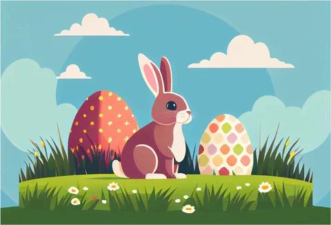 Vector illustration of bunny with easter eggs in spring nature outdoors Stock Illustration