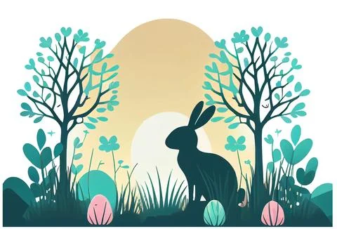 Vector illustration of bunny with easter eggs in spring nature outdoors Stock Illustration