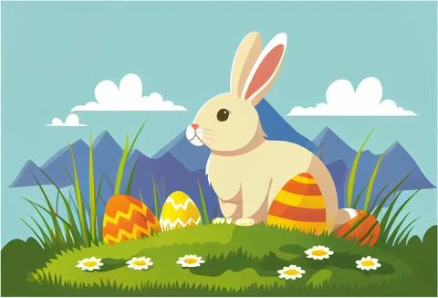 Vector illustration of bunny with easter eggs in spring nature outdoors Stock Illustration