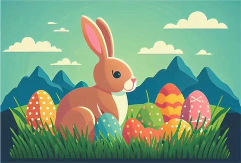 Vector illustration of bunny with easter eggs in spring nature outdoors Stock Illustration