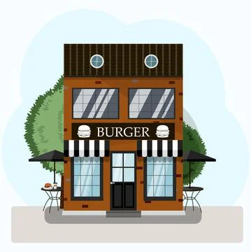 Vector illustration of a burger joint. Facade of a fast food restaurant with Ilustración de archivo