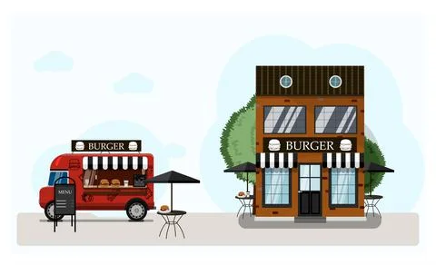 Vector illustration of a burger joint. Facade of a fast food restaurant with Ilustración de archivo
