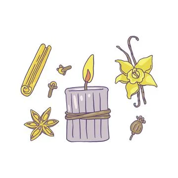 Vector illustration with a burning candle with jute, surrounded by spices: cl Stock Illustration