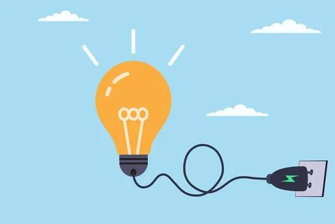 Vector illustration of a burning light bulb connected to a power plug Stock Illustration