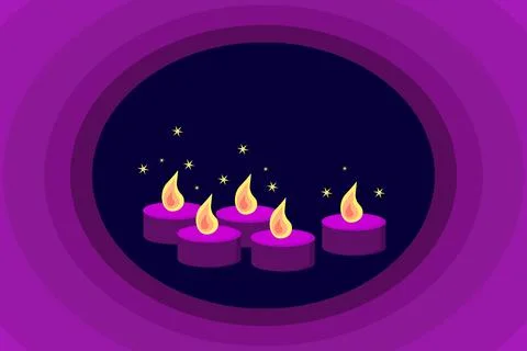 Vector illustration of burning magic candles on a dark violet background. Stock Illustration