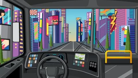 Vector Illustration of a Bus Cockpit Driving Through a Vibrant Metropolis Stock Illustration
