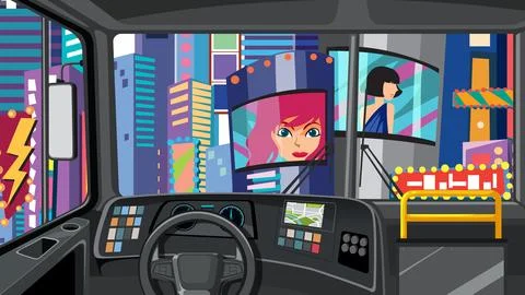 Vector Illustration of a Bus Dashboard Driving Through a Neon City Stock Illustration