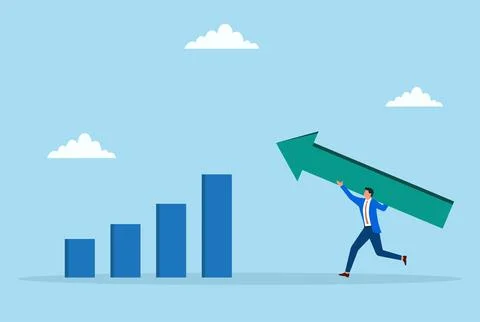 Vector illustration of a businessman adding an upward arrow to a bar graph Illustrazione stock