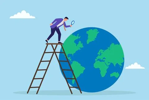 Vector illustration of a businessman analyzing a globe with a magnifying glass Stock Illustration