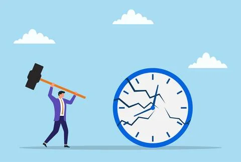 Vector illustration of a businessman breaking a clock with a hammer Stock Illustration
