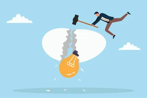 Vector illustration of a businessman breaking an egg with a hammer revealing 스톡 일러스트