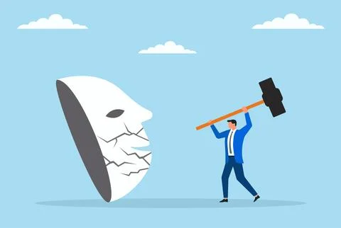 Vector illustration of a businessman breaking a large mask with a hammer Stock Illustration