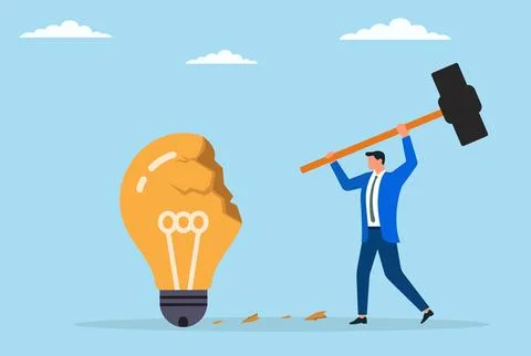 Vector illustration of a businessman breaking a light bulb with a hammer Stock Illustration