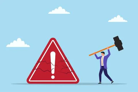 Vector illustration of a businessman breaking a warning icon with a hammer Stock Illustration