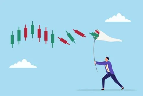 Vector illustration of a businessman catching falling candlestick bars Stock Illustration