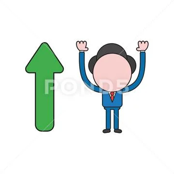 Vector illustration of businessman character with arrow moving up. Color and Stock Illustration