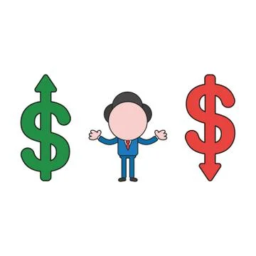 Vector illustration of businessman character between dollar symbols and arrow Stock Illustration